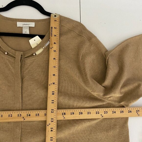 CJ Banks Cardigan Sweater Size 2X Tan Pearl Neckline Detail Button Up - Picture 9 of 11
